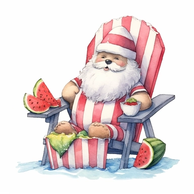 cute Santa Claus sitting on a beach chair eating watermelon, style by Lucy Fleming, watercolor, smooth gradients, black contour outline, ultra detailed, clipart elements, delicate pastel colors, solid white background, super clear, high quality