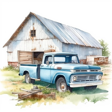 Farm barn light blue and truck clipart watercolor on a white background, high quality, photorealistic highly detailed watercolor painting