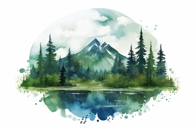 n enchanting watercolor clipart detailed illustration with white background, capturing the serene beauty of the forest and mountains. A captivating clipart featuring a serene mountain landscape. A clipart of snow-capped peaks, lush green forests, and a clear blue sky. Towering trees