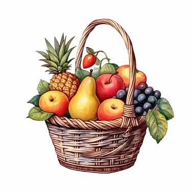vintage basket full of fruit, watercolor, clip art, white background