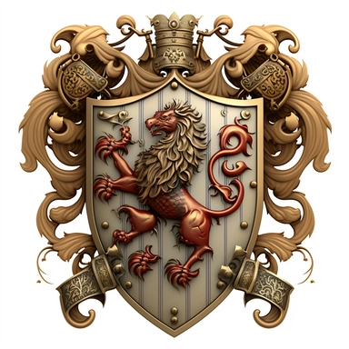 medieval coat of arms, ornate, large, rampant lion, with swords, fantasy, clipart style