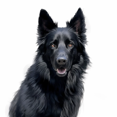 black shepherd digital painting and drawing, clipart, half body, hyper - realistic animal illustration, childlike, free brushwork, white background