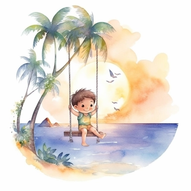watercolour, tropical island setting, showcase an adorable little Hawaiian boy, he is swinging from the moon, the feeling is magical, clipart style