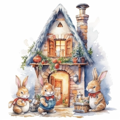 charming bunny family, Christmas morning in their cosy homy, fireplace, small christmas tree, ornamental watercolor, clipart,