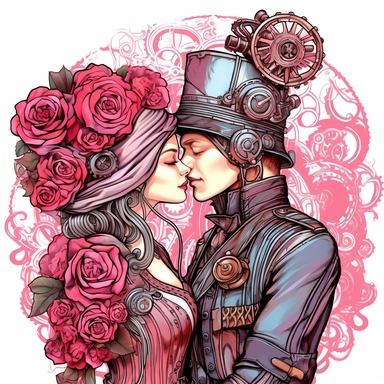 A romantic steampunk duo leaning in for a gentle kiss, both dressed in elaborate red and pink steampunk outfits, surrounded by the beauty of a vibrant steampunk rose. Ultra high quality, intricate detail, retro - futurism, pastel clipart, white background