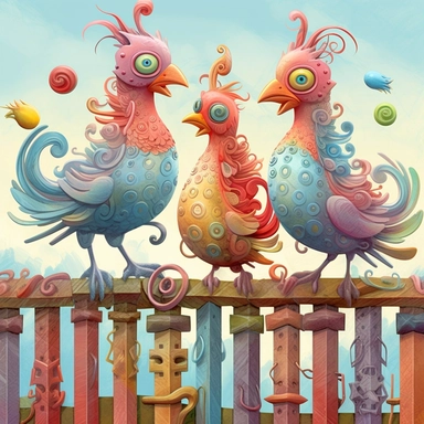 Whimsical magical wacky chickens on a fence, muted colors, swirls, twists, twirls, metallic, glitter, stylized, funny, centered, airbrushed, digital oil, detailed illustration, clip art, cartoon, 8k,-- ar 9:8