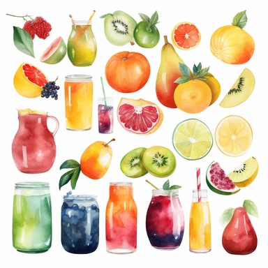 Food and Drink Watercolor Clipart: Paint watercolor fruits, vegetables, desserts, or beverages like lemonades, 20 items, single style, white background, no shadows