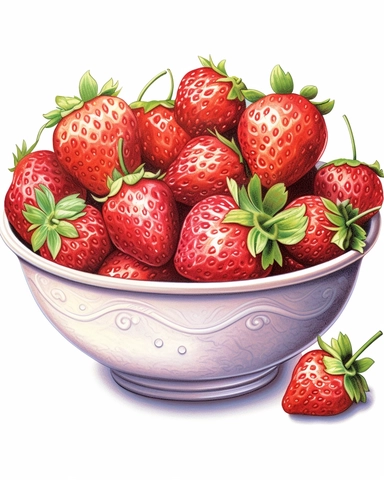 a bowl of strawberries, clipart illustration, crisp clear colors, photorealistic, happy, beautiful,cute, ultra detailed, on white background--no cut off