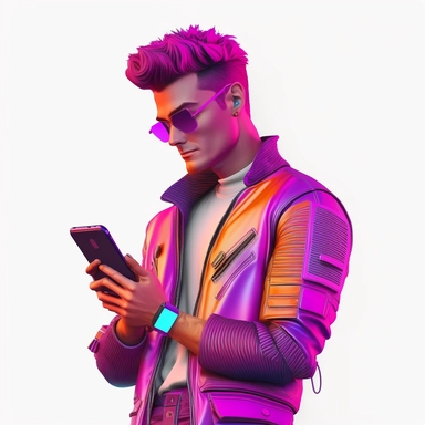 a cute happy 3D guy holding his phone thinking, dressed in synthwave ,realistic ,beautiful vector ClipArt +designed in illustrator +white background 8k UHD
