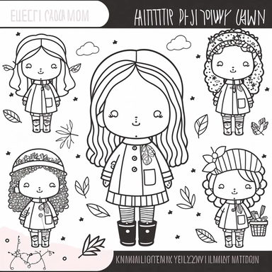 Winter Girl Digital Stamps, Autumn Girls Clipart, Fall Girls Clipart, Winter Girls Clipart, Kawaii Girl Clipart, Kawaii Girl Illustrations Basic simple cute cartoon outline, isolated on white background, children's coloring page, thick crisp lines, black and white, outline art, coloring book