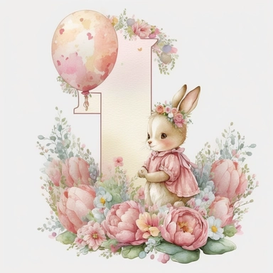 a beautiful watercolour 3d pink number 1 draped in beautiful flowers, a classic cute Beatrix potter pink rabbit, birthday party, holding pretty pink balloons, birthday cake, birthday themed, transparent background, Clipart style, solid white background, png style