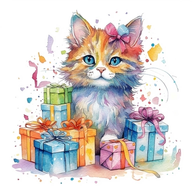 please create watercolor clipart of a cat, smiling, wearing party clothes with birthday presents, vibrant colors,intricate details, isolated on white background, vivid colors, hdr, 8k