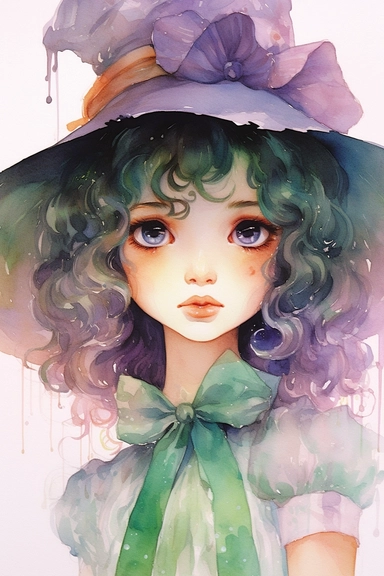 Fairy tale girl with a beautiful innocent kawaii 80s painting Watercolor clipart, hugh eyes
