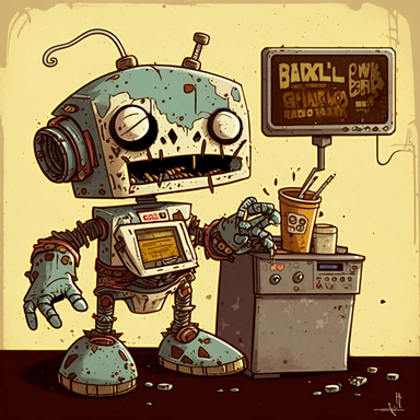 garbage pale kids format, pop surrealism digital art image of broken down, old, rusting, cartoonish, humanoid robot wearing tattered clothing uniform, behind the counter of a fast food restaurant puring a drink from a tap, in a satirical style. Art style inspired by artists like Tara McPhereson, Nooligan, and Robin Eisenberg. To be used for digital clipart. Change up the color and shape of the robot from previous generations