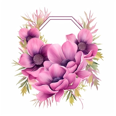 dark Magenta anemone flower bunch, watercolor, clipart, highly detailed, HD, flowers arranged in a square-shaped frame