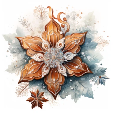 A isolated watercolor clipart, Christmas hand made gingerbread, snowflakes,white background, Art Nouveau, highly detailed,