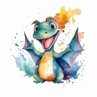 watercolored clipart with pterodactyl, funny and friendly, goofy, silly and playful dinosaur, colored, white background