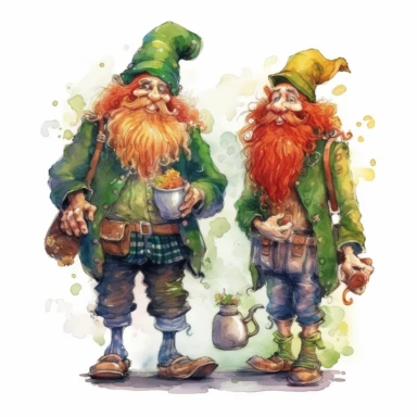 Storybook style Leprechauns from Kelt mythology with watercolor effect,Green Dressed,Red bearded,Ireland scene,Rainbow Landscape,Suitable for digital clipart,White background,Full body ,vibrant colors