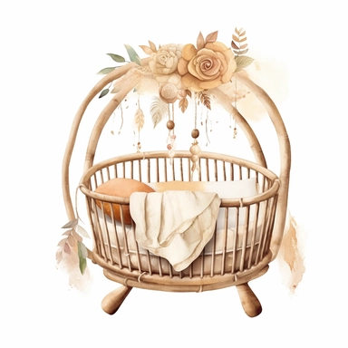 realistic watercolor boho baby Crib Mobile, isolated white background, babyshower clipart, 8k, bright beige boho colors