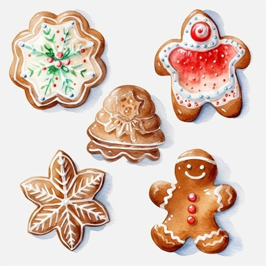 watercolor christmas cookies, watercolor christmas ginger bread, watercolor christmas gingerbread, watercolor christmas candy cane cookie, white icing, watercolor clip art, white background, highly detailed, 8k, clip art