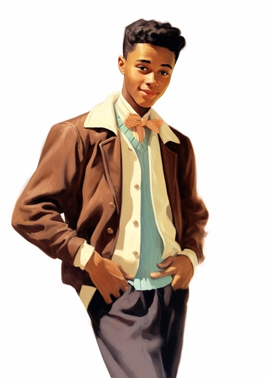 a fashionable adorable black teenage boy from the 1950s, vintage retro 1950s artwork, clipart, white background