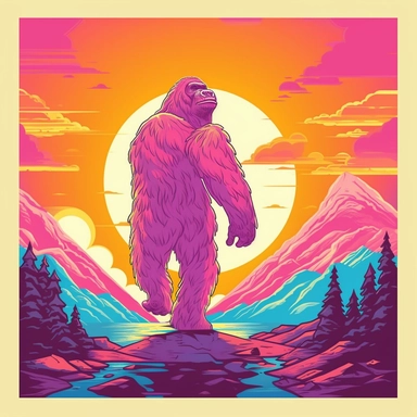Artwork for t shirt graphic of majestic vibrant color magnificent funny big foot, in a pencil drawing style, A vibrant featuring a sun, with a soft pink sky and a hint of orange in the horizon white background, colorful shades, Centered, highly detailed c