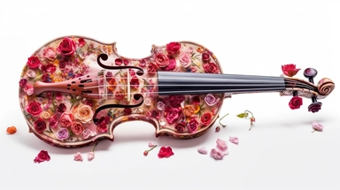 A visually stunning violin crafted entirely out of intricately arranged roses, each petal meticulously placed to form the shape of the instrument, vibrant red, pink, and white roses intermingling to create a harmonious composition, a soft and blurred background that accentuates the floral masterpiece, Clipart, with a mix of hand-drawn and digital elements,