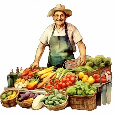 watercolor farmer at a stand selling vegetables vector | price 1 credit usd $1, in the style of colorful animation stills, bold color combinations, windows xp, elaborate fruit arrangements, folk/naïve:, smilecore, colorful cartoon Clipart desert cartoon t-shirt graphic, vector, contour, isolated on a white background