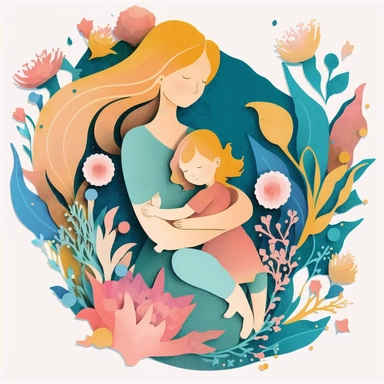 the mermaid samantha clipart mother child in a flower sleeve, in the style of paper cut-outs, free brushwork, pink and blue, dao trong le, painterly style, concise brushwork, light emerald and light amber