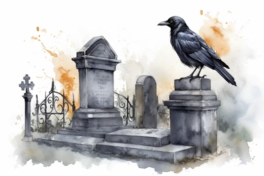 Sinister Victorian watercolor of raven in graveyard with tombstones, clipart, spaced out, white background, hd,