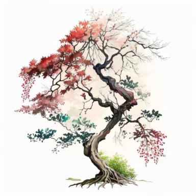 Watercolor, Japanese Maple Tree, old, long branches, Clipart, springtime japanese tree, grass, white background