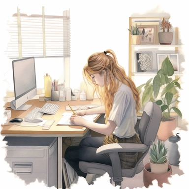 watercolor, hyper realistic, white background, white margins, 16k, ultra detailed clipart, cut out image, hand-drawn cartoon illustration of a girl at work, in the style of alena aenami, lucy grossmith, subtle pastel hues, briton rivière, optical, studyplace, knitted and crocheted