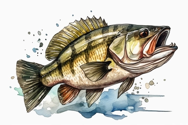 watercolor Gone Bass Fishing vividly bold designs png realistic cartoon in 32K UHD cute. 15 cm thick outline. There was no shadow on the ground. 8k with realistic watercolors. and detailed illustrations. PNG clipart, transparent white background spaced ou