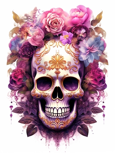 Very 3d sugar skull with florals, in the style of fantasy art, 32k uhd, tim shumate, dark magenta and gold, luminous atmosphere, fantastical street, luminous, clipart png, photorealistic, watercolor, digital painting, WHITE BACKGROUND, fantasy style, realistic, painting, 8k, ultra details,