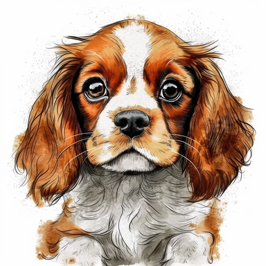 baby Cavalier King Charles Spaniel clipart , original hand drawing, watercolor, understated and flawless for t shirt and cup printing, happy cute smily Basset Hound , transparent background, realistic painting, portrait without writing , style of the artwork, mood of the aartwork, vector, contour , white background, 8K quality, ultra detailed , without signature and without meaningless lines, clipart, white background, High Quality, no writting background, no writting, ultra detailed, no symbol,