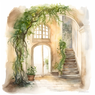 watercolor overgrown castle clipart, tree in hallway, no background, greenery