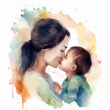 imagine watercolor, asian mother, happy, kissing child on forehead, clipart hd, profile shot, dreamy, on white background, portrait, spaced out