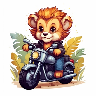 Create a clipart of a cute baby lion in a leather jacket riding a vintage motorcycle. Strong and vibrant colors. Jungle trees before a White Background, soft lighting.
