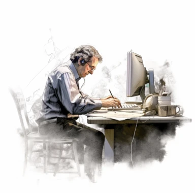 man owrking at computer desk in office in the style of digital airbrushing, realistic yet stylized, digitally enhanced, clipart, 32k uhd, detailed crosshatching white background