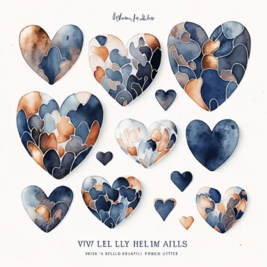 watercolor heart shapes, clipart collection, copper and navy tones, on white background