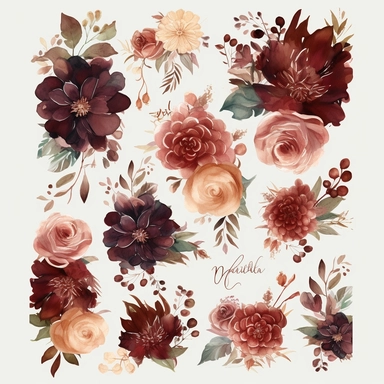 Create a captivating collection of ultra-detailed Watercolor Floral Clipart, showcasing the rich and enchanting beauty of Marsala Burgundy Blush Florals. Each clipart element should exude the essence of autumnal flowers, capturing the warmth and vibrancy of the fall season. Incorporate a variety of floral elements, including dahlias, roses, and other blooms in shades of marsala, burgundy, and blush. Design the clipart with a focus on autumn themes, allowing for seamless integration into fall-the