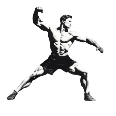 This ultra-detailed, best-quality 1950s black and white vector clipart titled Muscle Movement depicts a dynamic scene against a clean white background. The image showcases a male figure demonstrating muscular movement, displaying strength and athleticism. The man, likely in his prime years, possesses a well-defined physique and exudes confidence. He is portrayed wearing typical 1950s athletic attire, including a sleeveless tank top, shorts, and athletic shoes. His hair is neatly styled, contribu