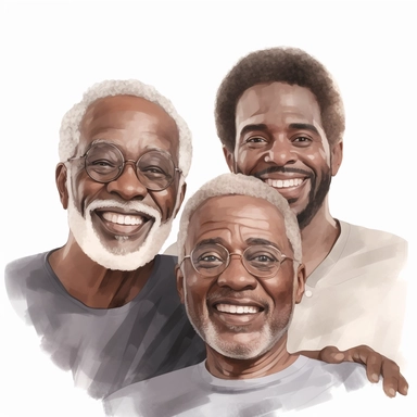 black, African american father older with grey hair and adult grown children Beautiful smile clipart, watercolor style, hyper realistic, detailed, white background
