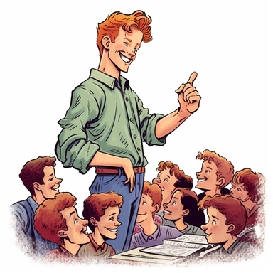 a clip art illustration of a young-looking, happy, 22 year old, red-headed, thinning hair, blue eyed man teaching about AIDS to a classroom of teenagers on Long Island in the early 1990s