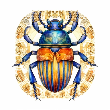 Clipart, watercolor, white background: A sacred scarab beetle, an emblem of rebirth and protection, revered in ancient Egyptian culture for its symbolism and significance.