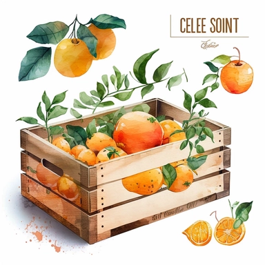 watercolor clipart orange fruit wood crate, white background no text