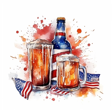fireworks, shades of American flag, patriotic, beers, celebration, aquarelle, clip art illustartion