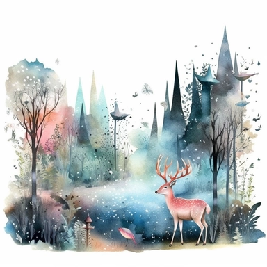 Enchanted Forest watercolor hyperdetailed ultra realistic clipart featuring a magical forest with talking animals and sparkling fairy dust , style of Anna Süßbauer and Jon Klassen,cinematic,Photography,Vector,Solid Background , masterpiece, trending on Artstation and Dribbble.--ar 3:2