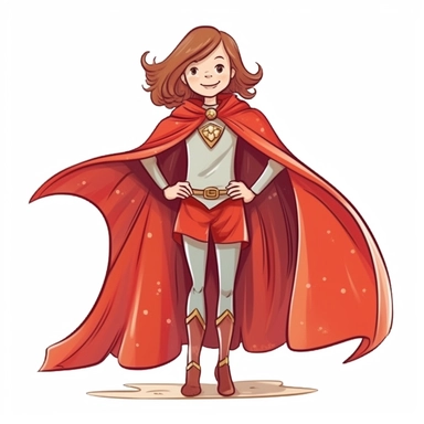 cute female heroine, full body, wearing a cape, smiling, cartoon style, for childrens book, watercolour, outlined, thin lines, white background, vector art, clipart
