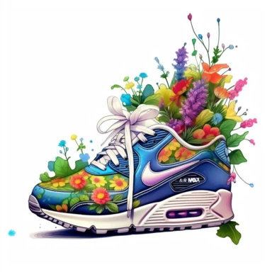 nike air max, with wildflowers growing on and around the shoe, cartoon illustration, airbrush art style, realism, clipart, white background